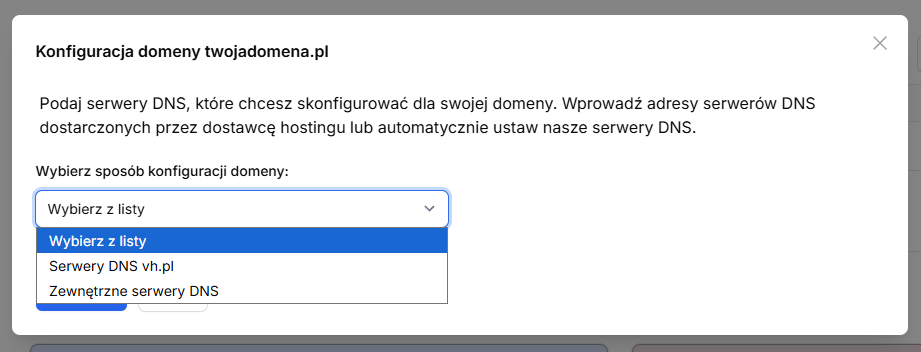 W formularzu podaj adresy serwerów DNS, na które chcesz delegować wskazaną domenę.