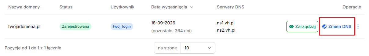 Aby zmienić DNS, kliknij: Szczegóły przy wybranej domenie.