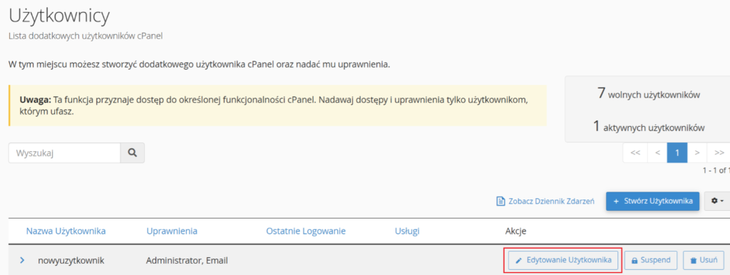 Edytowanie użytkownika w cPanel